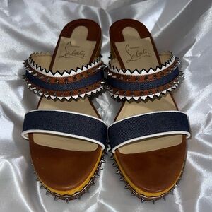 Christian Louboutin Brown and Blue Sandals with Decorative Stitching